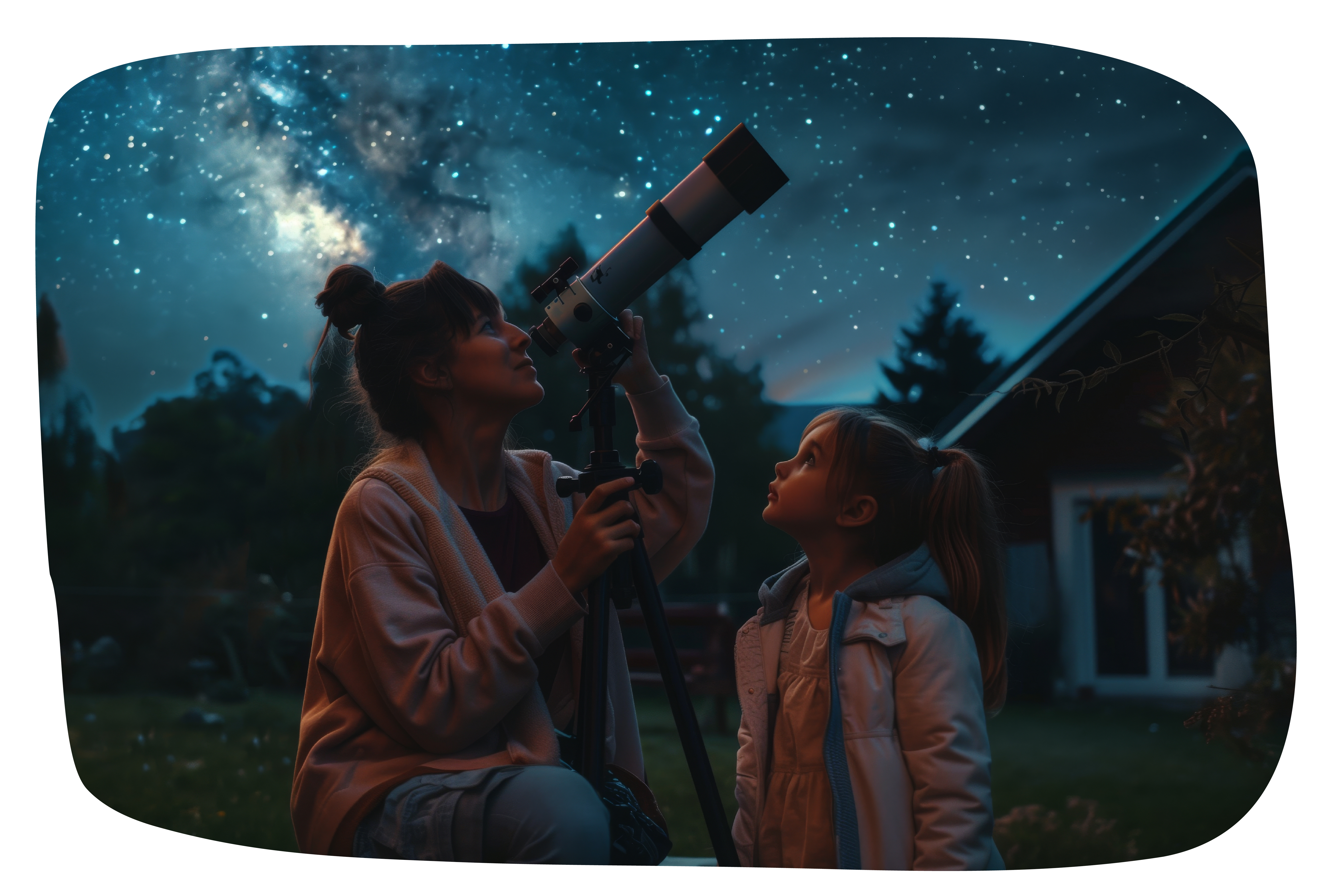 Eine junge Frau steht mit einem kleinen Mädchen im Garten. Es ist Abend oder Nacht. Sie schauen zusammen in den Sternenhimmel.