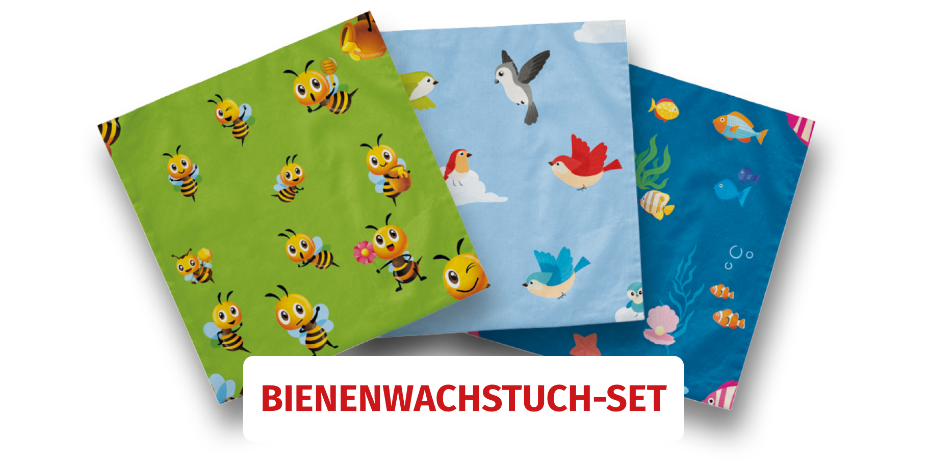 Ein Set aus drei Bienenwachstüchern - Motive: Biene, Vögel und Unterwasserlandschaft